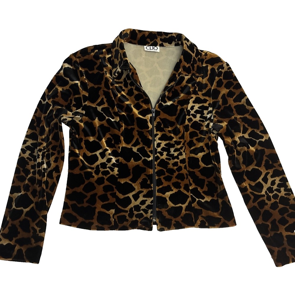 Clio Petites Leopard Print Velvet Zip Up Jacket Brown Black